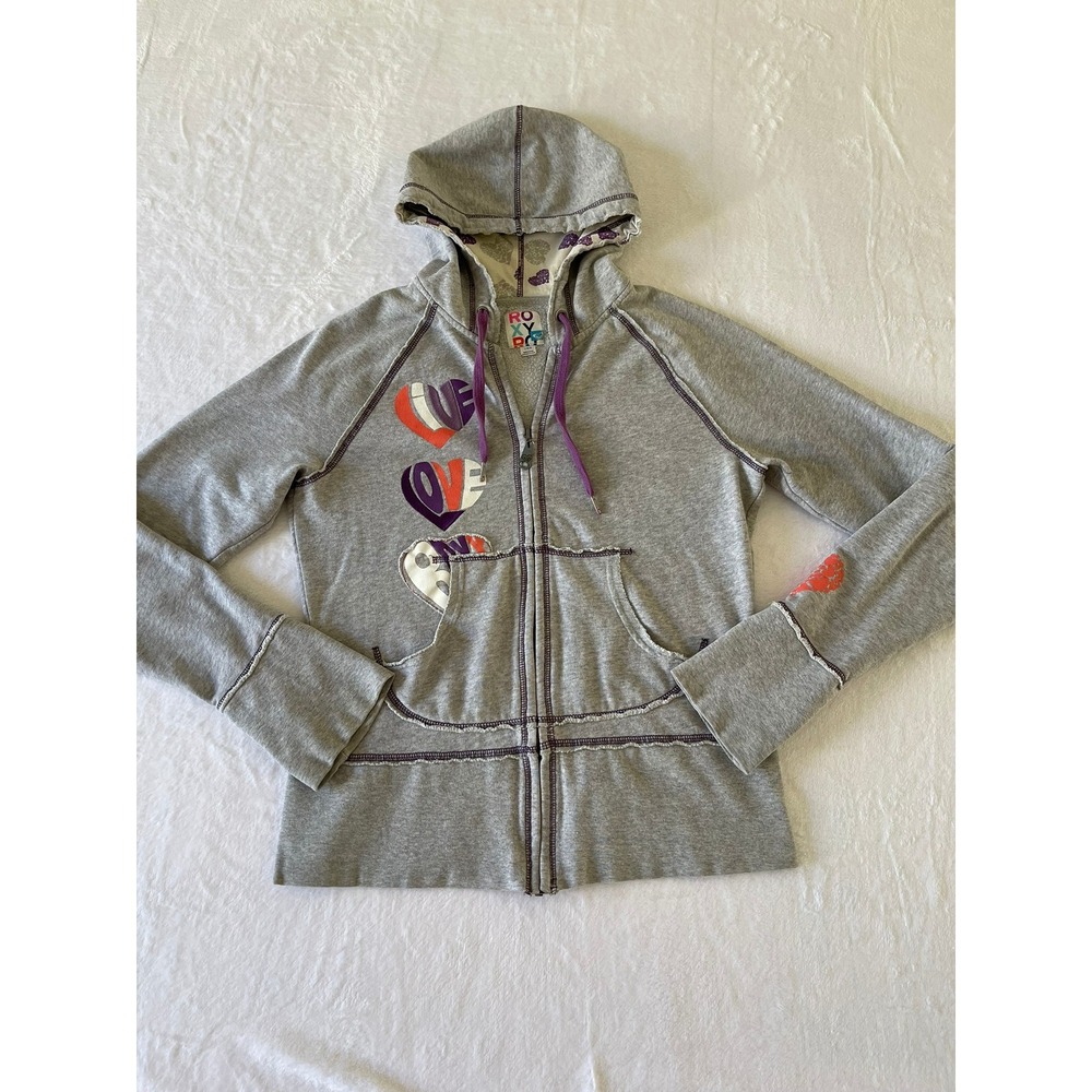 Roxy Y2K Love Heart Full Zip Hoodie Women's L Gray Purple Surf Skate 2000s